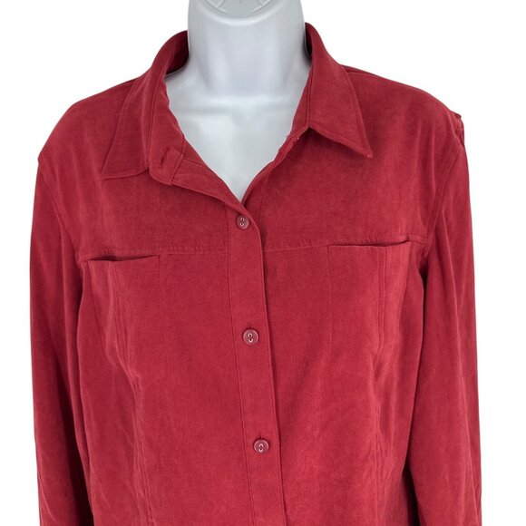 Vintage Talbots Button Up Pockets Red Suede Feel Stretch Blouse Size M - Picture 2 of 9